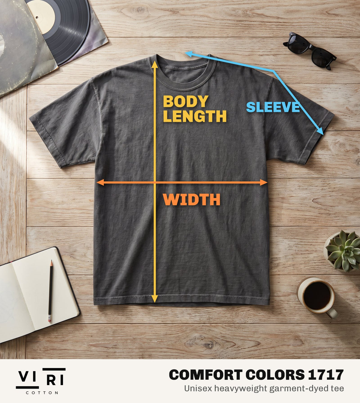 Comfort Colors 1717 tee laid flat, showing where body length, width and sleeve are measured