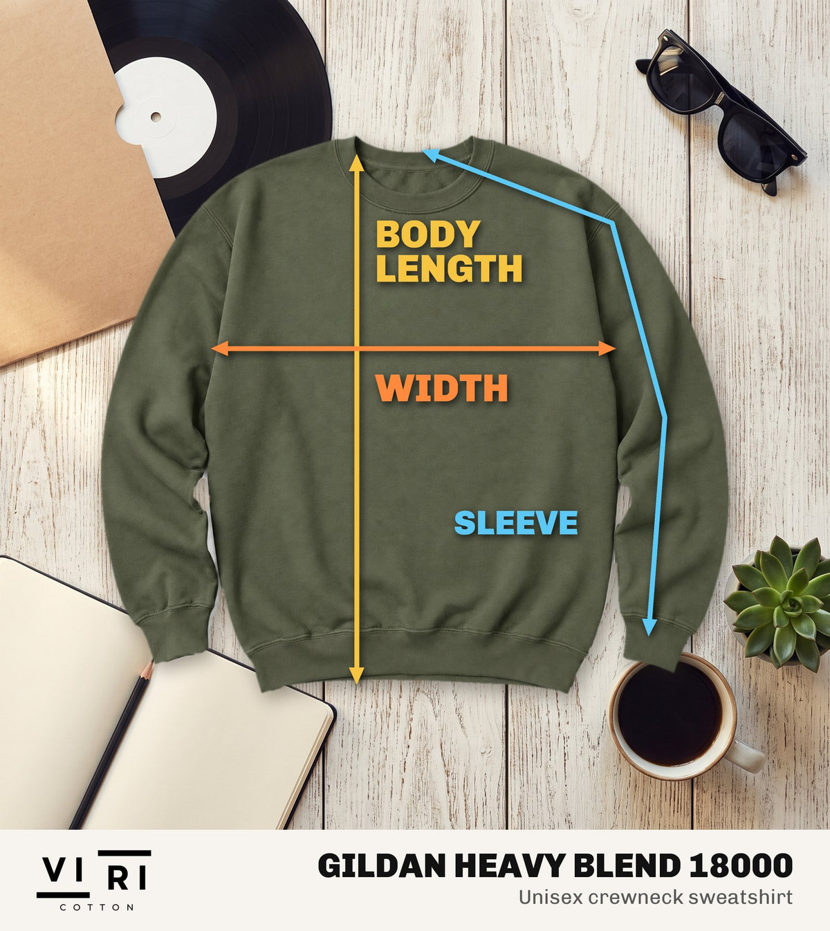 Gildan Heavy Blend 18000 sweatshirt laid flat, showing where each measurement is taken