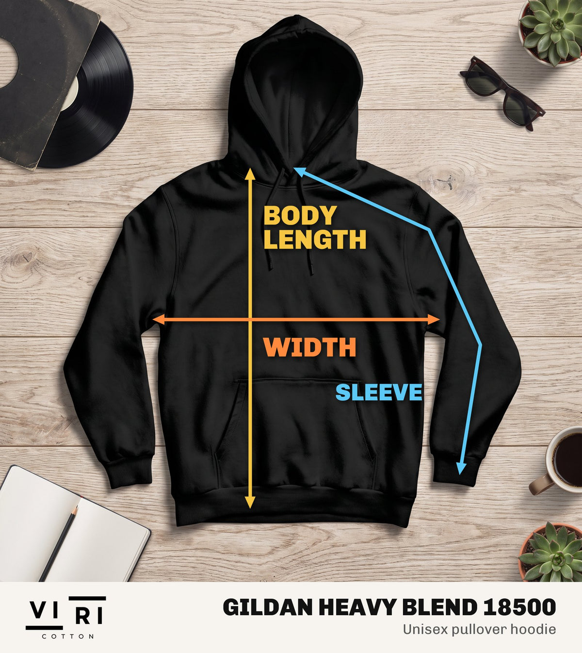 Gildan Heavy Blend 18500 hoodie laid flat, showing where each measurement is taken