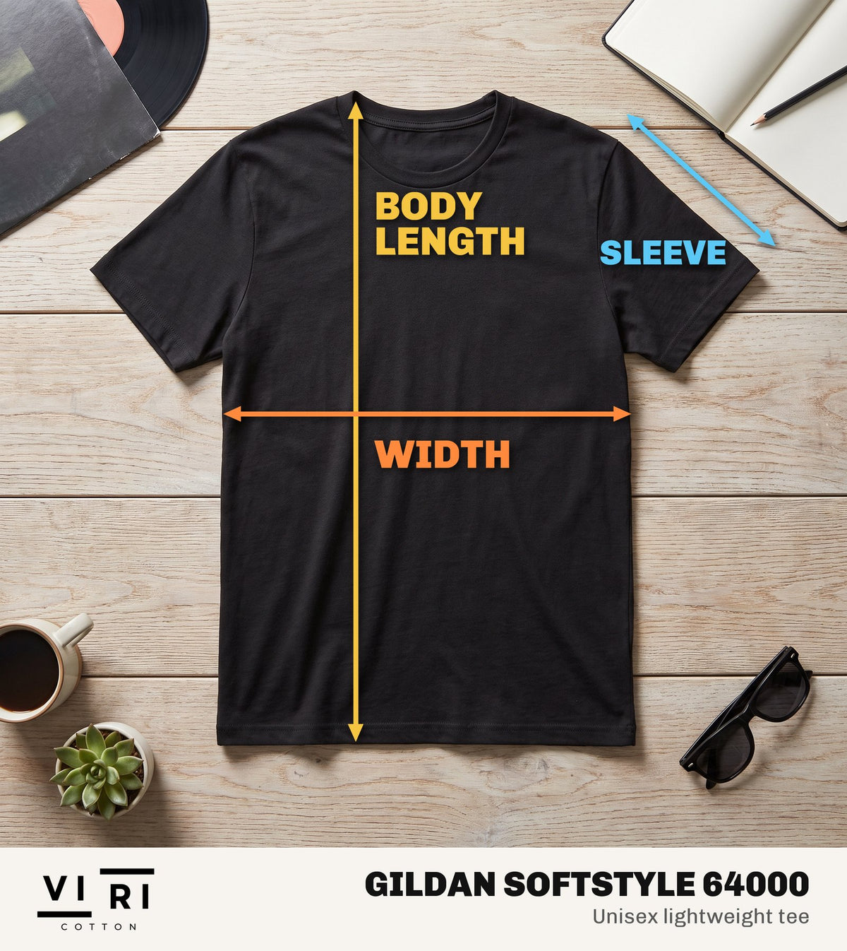 Gildan Softstyle 64000 tee laid flat, showing where body length, width and sleeve are measured