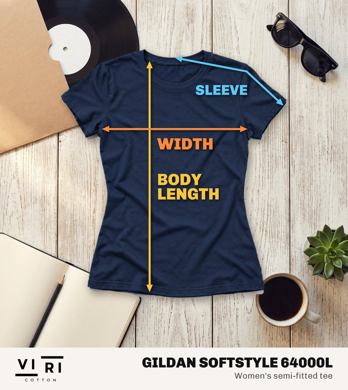 Gildan Softstyle 64000L women's tee laid flat, showing where each measurement is taken
