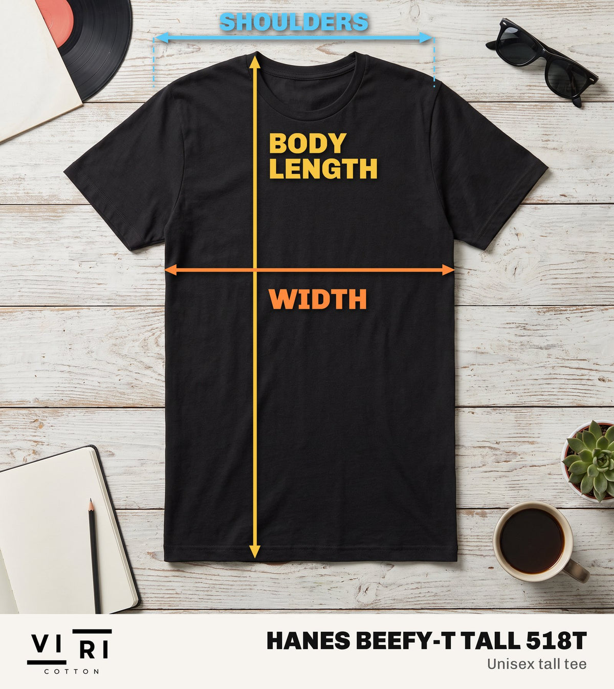 Hanes Beefy-T Tall 518T tee laid flat, showing where body length, width and shoulders are measured