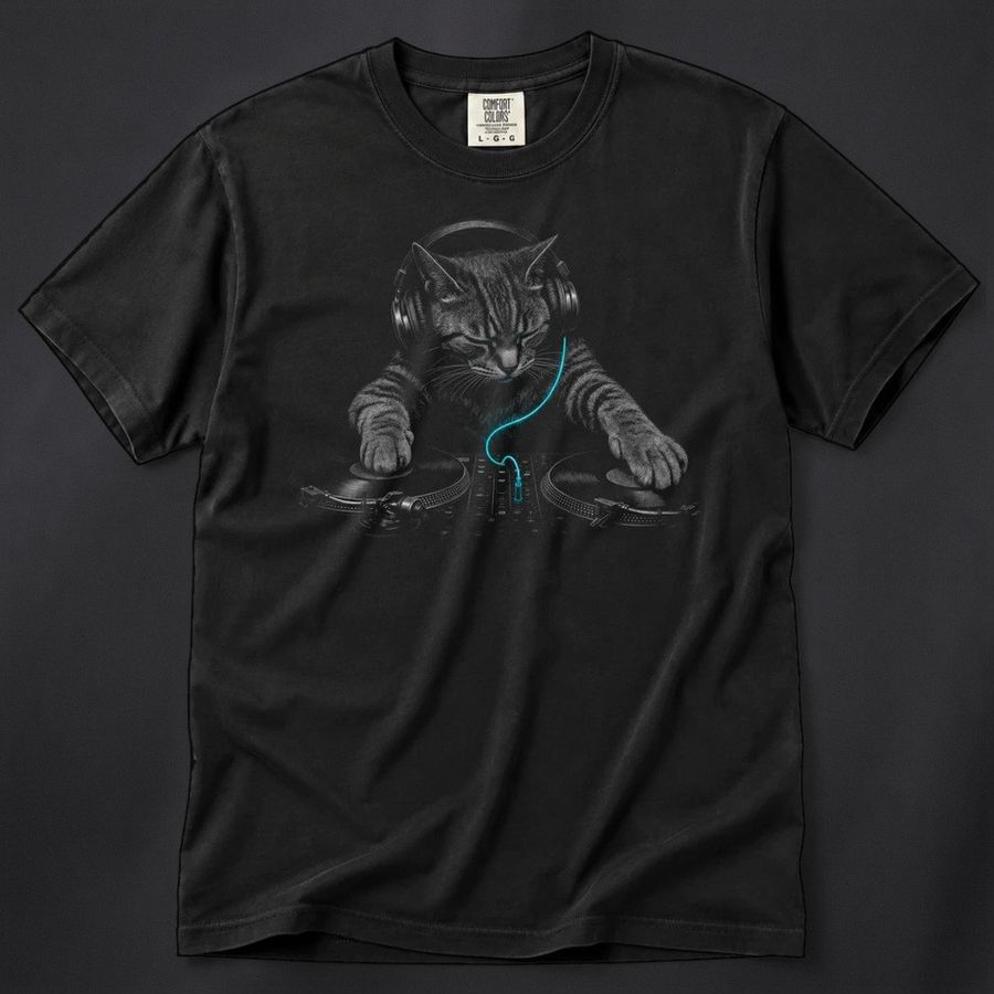 Viri Cotton DJ cat tee on black